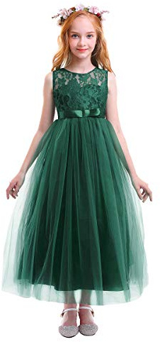 IBTOM CASTLE Flower Girls Lace Tulle Dress Wedding Bridesmaid Communion Evening Party Long Maxi Formal Pageant Birthday Prom Dance Ball Gown Dark Green 7-8 Years