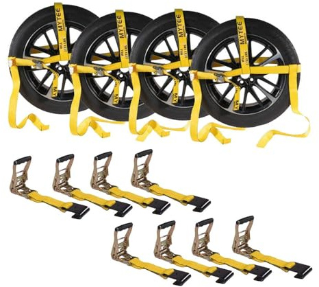 Mytee Products 4 Pack 2 x 120 Yellow Side Mount Wheel Tie Down Strap with Flat Hook & Dual Ratchet – 3,333 lbs WLL Wheel Net Fits 14–17 Tires, Heavy Duty Vehicle Tie Down Strap for Car Hauling