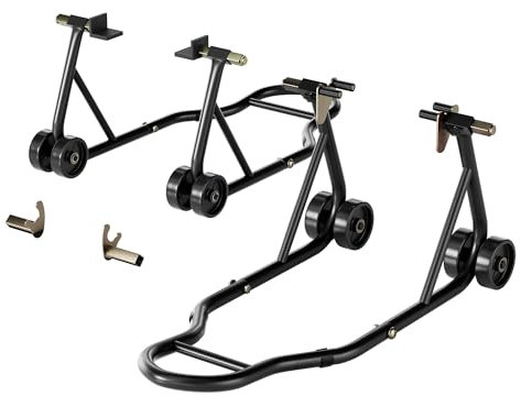 SPECSTAR Motorcycle Paddock Stand Combo 400kg Capacity Front and Rear Wheel Lift with U & L Fork Adjustable Swingarm Spool Stands for Motorbike Garage Repair Use Scissor Stand with 4 Wheels