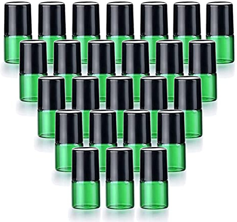 25-pack 1 ml (1/4 dram) färgglad glasrulle på glasflaskor för eteriska oljor, tomma glasflaskor med rostfritt stål rullbollar parfym aromaterapi resorulle på behållaren – 5 färgalternativ (grön)