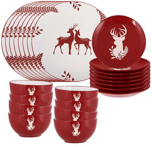 24 Piece Red Reindeer Stoneware Dinner Set | Dishwasher Safe, Microwave Safe, 8 Dinner Plates, 8 Side Plates, 8 Dessert Bowls, Ceramic, Glazed, Dinnerware Set