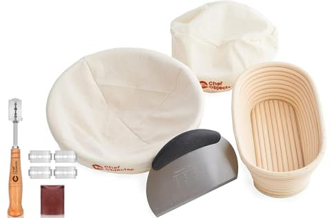 Sourdough Bread Making Kit & Baking Tools Set - Includes 9 inch Round & 10 inch Oval Banneton Proofing Basket, Bread Lame (Scoring Tool), Dough Scraper, and Linen Liners for Homemade Artisan Loaf