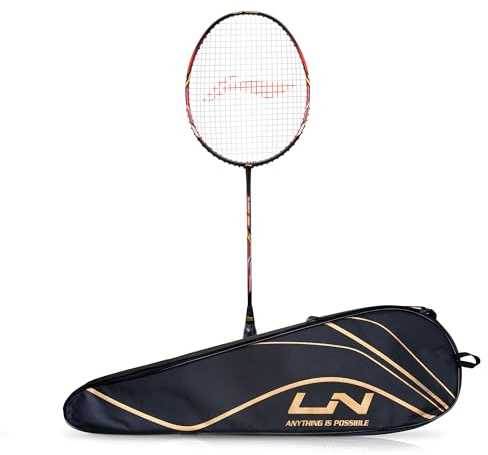 Li-Ning Turbo 99 strängad kolfiber badmintonracket med gratis heltäckande skydd (svart/röd)
