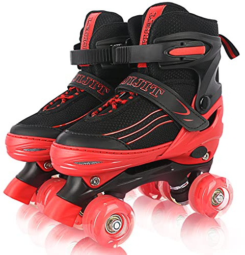 LEJIJIT Roller Skates for Kids Boys Girls Toddler Ages 3-12, Adjustable 4 Sizes for Kids and Youth Teen with Light Up Wheels, Quad Red Roller Skates for Sports (Big Kid 1Y-4Y)