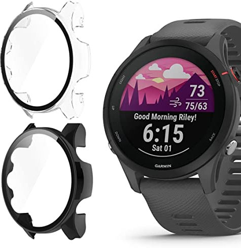 Compatible for Garmin Forerunner 255 Hard PC Case With Tempered Glass Screen Protector for 255/255S Smartwatch (255-46mm, Black+Clear)