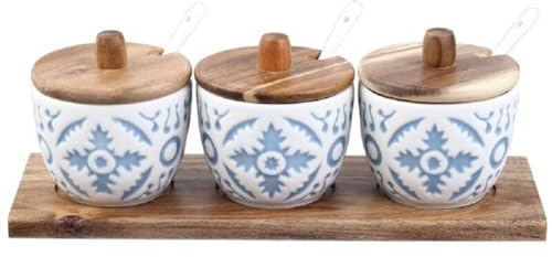 MAGICVOGEL Gewürzbehälter Keramik Gewürzdose mit und Löffel Holzdeckel Zuckerdose Gewürzhalter Salzdose Gewürzgläser Vorratsdose für Küche Zuhause Restaurant Café (3)