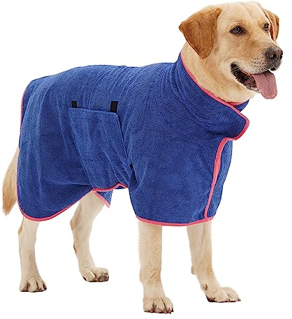 HezzLuv Bademantel für Hunde, Hundebademantel aus Mikrofaser für mittlere und große Hunde, super saugfähiger Haustier Trockenmantel, ganzjahres schnell trocknendes Hundehandtuch (Blau,S)