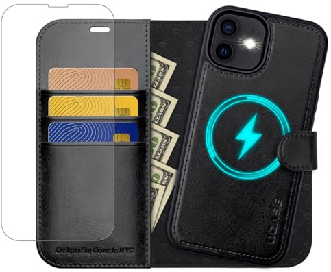 OCASE iPhone 12 Hülle(2in1) Leder Stoßfestes Case [Abnehmbare magnetische Hülle] [Kabelloses Laden] [mit Schutzfolie] iPhone 12 Pro Handyhülle RFID Schutzhülle Etui Klapphülle Schwarz