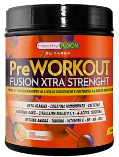 Healthy Fusion Pre workout Potente Pre-Allenamento | Beta Alanina + L-Arginina AAKG + Creatina + Caffeina + Taurina| Promuove lo sviluppo muscolare | Aumenta il rendimento fisico Gusto Arancia 300g