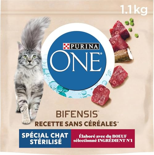 PURINA ONE | Aliment Complet pour Chat Adulte | Stérilisé | Croquettes | sans Céréales | Au Boeuf | Sac | 1,1kg