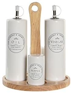 DKD Home Decor Set Olio e aceto della Marca, Colore Bianco, in gres e Legno, 15 x 18 x 22 cm