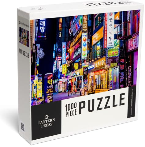Lantern Press Seoul, South Korea, Neon Lights and Signs at Night, 1000 Piece Jigsaw Puzzle for Adults, Made in USA with Reference Poster