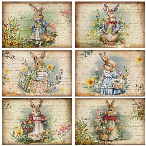 Set of 6 Easter Placemats 12 x 18 Inch Bunny Flower Easter Eggs Washable Placemats, Rustic Vintage Spring Rabbits Tulip Table Mats Dining Table Decor for Home Farmhouse Kitchen and Restaurant(Bunny)