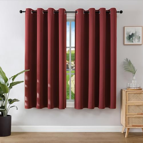 Joydeco Blackout Curtains for Bedroom 46 x 54 Inch, Eyelet Thermal Insulated Energy-saving Drapes for Room Darkening Light Filtering, Short Window Treatments 54 Inch Drop, 2 Panels - Burgundy Red