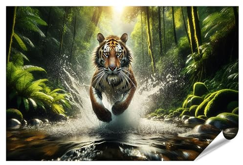 islandburner Prime XXL Bild Poster Majestätischer Tiger durchquert klaren Fluss Wasserperlen Glitzern Premium Bilder Fotodruck