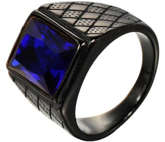 OAKKY Herren Edelstahl Jahrgang Punk Ring mit quadratischen Blau Steinen Graviertes Rauten Eherband Schwarz Größe 68 (21.6)