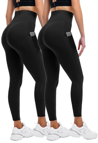 Sanpetix Leggings for Women UK with Pockets, 2 Pack Gym High Waisted Leggings for Workout Running Yoga Black XXL