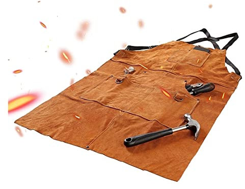 Leder-Schweißeranzug Lederschweißschweißschürze Wärme Flammresistente Hochleistungsarbeit Schmiede Schürze mit 6 Taschen 42 Zoll groß, schweiß heiße Lederschürze Hitzebeständig und flammhemmend