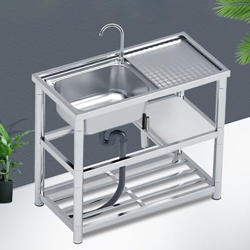 Freistehende Edelstahl Küchenspüle,Mobiles Waschbecken,Freistehende Spüle,Küchenspülen mit Abläufen Und Wasserhähnen,für Badezimmern,Bauernhöfen,Hinterhöfen,Küchen,Spültisch Outdoor(90*45*80cm/35.4*17