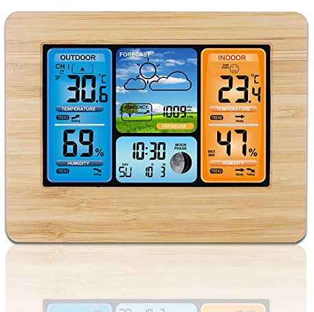 Viitech Wetterstation Funk mit Außensensor, Großes Farbdisplay Wireless Digital Wecker Barometer Weather Station Temperatur-Feuchtigkeits-Monitor Wettervorhersage (Bambus)