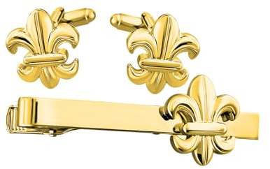 COOLMETALJACKET Ensemble Pince à Cravate et Bouton de Manchette Homme | Broche Cravates Fleur de Lys Doré | Accessoire Argenté Mode Hommes | Cadeau Affaires Anniversaire de Mariage