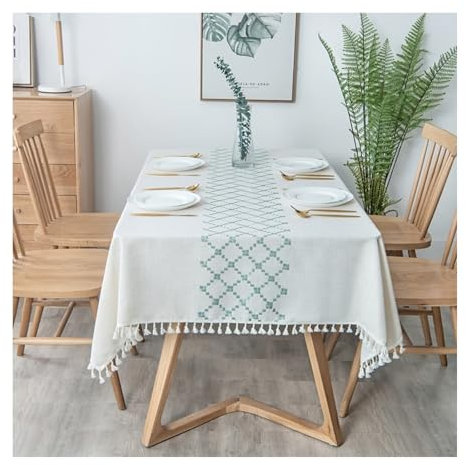 Tischtuch 140x180CM, Polyester Tischdecke Raute Mit Quaste Grün Beige Tischdecke Outdoor Rechteck