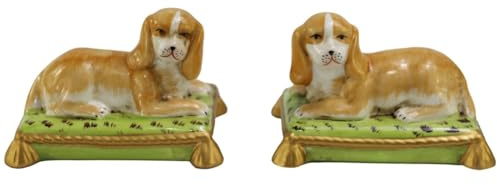 SYNWISH Handbemalte antike Hundefiguren aus Porzellan auf Kissen mit goldfarbenem Rand, Tierstatue, Keramik-Sammelstücke, Heimdekoration, einzigartige Oranament-Geschenke, kleine Buchstützen, 8,9 cm
