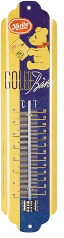 Nostalgic-Art Retro Thermometer, 7 x 28 cm, HARIBO – Goldbären Vintage Gold – Geschenk-Idee für Naschkatzen, Original Lizenzprodukt (OLP), aus Metall, Vintage Design