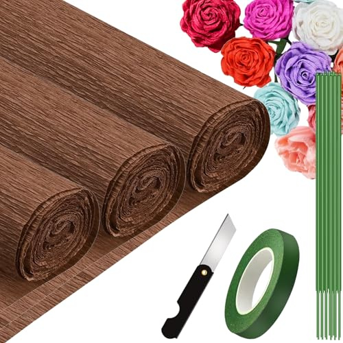 3 Rollen Krepppapier Braun 25x250cm, Crepe Papier für Handwerke, Krepppapier für Geburtstag, Hochzeiten, Valentinstag-Dekorationen (Braun)
