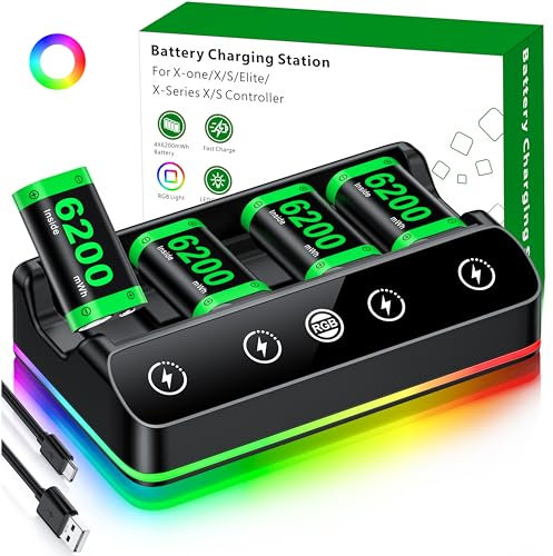 Charger with 4x6200mWh Rechargeable Battery Pack for Xbox One/Series X|S, Xbox One Series Controller Batteries Pack with Charging Station for XboxOne/S/X/Elite Controllers