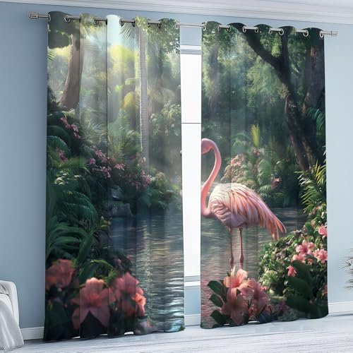 Kioldoq Flamingo Vogel Gardinen mit Osen, Tropisch Tier Vorhang 2er Set 215x110 cm, Waldtiere Dschungel Blickdichte Gardinen, Thermovorhang für Schlafzimmer Wohnzimmer Fensterdekoration