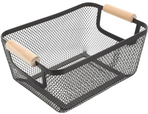 Cesta de Almacenamiento de Alambre Rectangular Negra con Asas de Madera