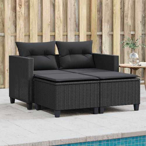 IKAYAA Gartensofa 2 Sitzer mit Hockern 2 Sitzer Sessel mit Hocker Rattansofa Balkonsofa kleine Outdoor Gartenmöbel Terrassenmöbel für Lounge Balkon und Garten-Schwarz-