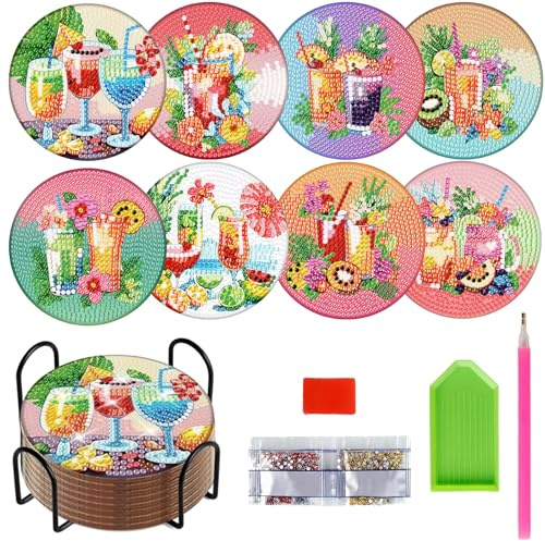 Diamond Painting Untersetzer,8 Stück Cocktail Diamant Tassenuntersetzer mit Halter, Diamond Painting zum Basteln für Kinder Erwachsene Basteln,Anfänger Diamant Tassenuntersetzer rutschfest