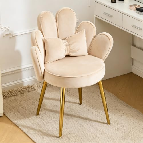 Bonnlo Schminktisch Stuhl mit Blütenblatt-Rückenlehne, Sessel Wohnzimmer, Schreibtischstuhl, Moderner Esszimmerstuhl mit verstellbaren Goldbeinen & Schleifenkissen für Schlafzimmer, Homeoffice (Beige)
