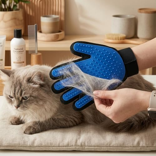 Pet Grooming Gloves, Multipurpose De-shedding and Massage Gloves for Dogs and Cats (Blue Right hand)