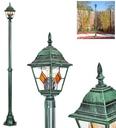HOFSTEIN Kandelaber Naofe, Außenwegeleuchte aus Metall/Glas in Schwarz/Grün/Klar/Orange, Wegebeleuchtung 196 cm, 1 x E27, IP44, Wegeleuchte im Vintage-Design für Garten, Außenbereich, Hof