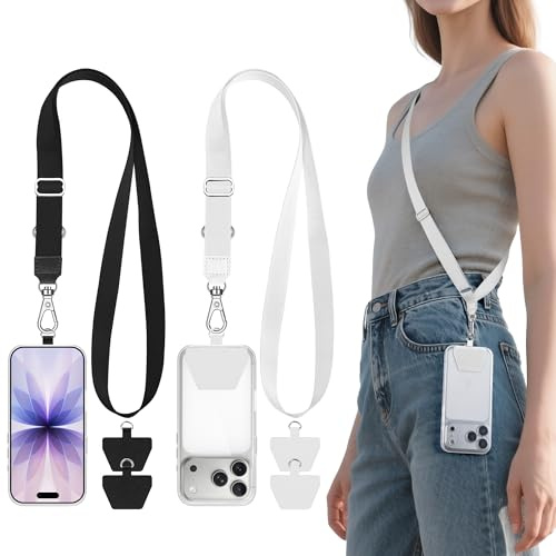 takyu 2 Pcs Adjustable Phone Lanyard Neck Strap, Universal Mobile Phone Lanyard with 4 Adhesive Tethers, Compatible for iPhone, Samsung, HUAWEI and Most Smartphone Black & Gray