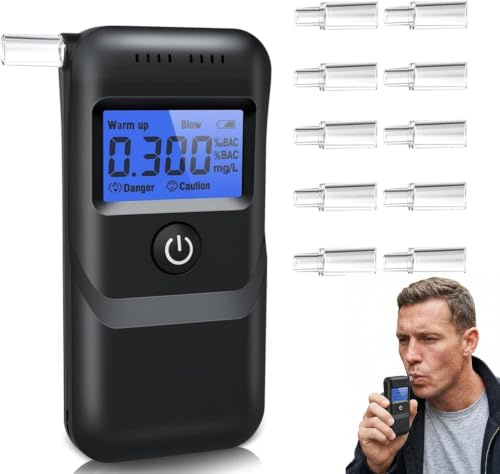 BOTEWO Alkoholtester mit 10 Mundstücken - Professioneller Alkoholmessgerät | Tragbarer Promillemessgerät mit digitaler Blauer LCD-Display für den Persönlichen und Gebrauch zu Hause