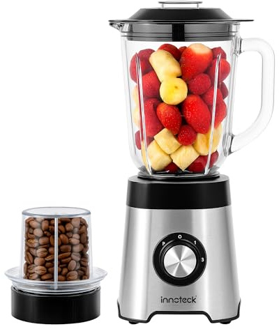 Innoteck 1.5L 2-in-1 Glass Blender & Smoothie Maker – 500W Jug Blender with 2-Speed Control & Pulse, Plus Bean Grinder & Spice Mill – For Soups, Smoothies, Juices & Milkshakes