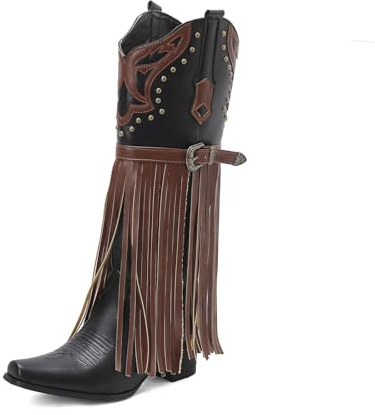Wtharosa Western cowboystövlar för kvinnor med lugg mocka läder accenter dubbade detaljer blockklack knähöga bekväm passform för långa promenader daglig pendling fritidskläder, Svart, 37 EU