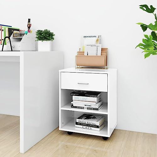 YUTAASU Mobiletto con Ruote Bianco Lucido per Stampante, Carrello Portadocumenti in Legno Multistrato 46x36x59 cm con Piano Rettangolare e 4 Rotelle (2 Bloccabili), Mobile Scrivania