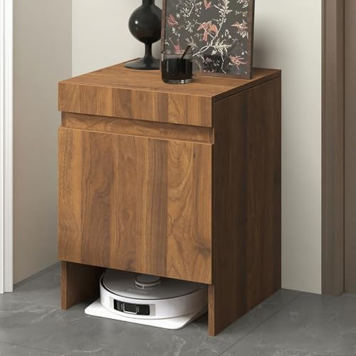 Armario con soporte para aspiradora robot – Mesa auxiliar oculta y mesita de noche para el hogar, almacenamiento de barredora autovaciado, fácil cambio de agua, acabado marrón, muebles modernos para
