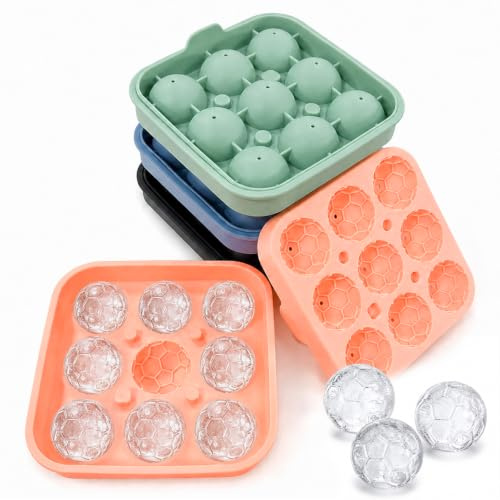 Welhammsae 4 Pack Silicone Ice Cube Trays, 1.29Inch/3.3cm Ice Ball Molds, 9 Cell Football Ice Cube Moulds, Easy Release Round Ice Mold for Whiskey, Cocktail, Coffee, Beverages