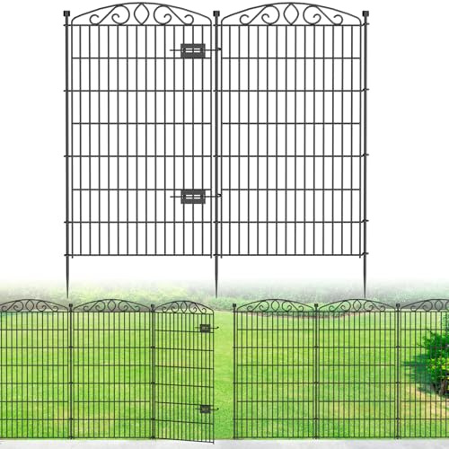 10 Paneele Gartenzaun mit Tor – 122 cm H x 7,1 m L, ohne Graben, rostfreier Metall-Hundezaun für Hunde und Kaninchen, dekorative Außengrenze für Hof, Terrasse und Blumenbeete