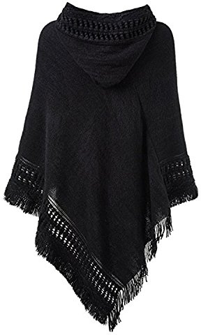SULISHI Élégant Poncho à Capuche avec Franges, Cape Tricoté au Crochet - Femme 135-175cm