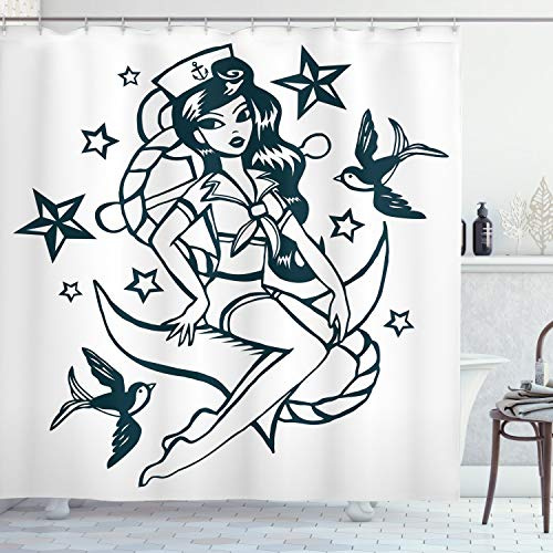 ABAKUHAUS Anker Duschvorhang, Pin-up-Girl Matrosenanzug, Stoffliches Gewebe Badezimmerdekorationsset mit Haken, 175 x 200 cm, Teal und Weiß