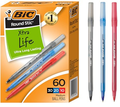 BIC Round Stic Xtra Life Assorted Ink Ballpoint Pens, 60-Count, 1.0mm