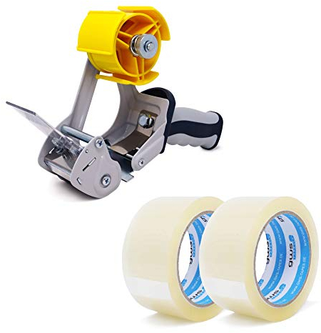 gws Verpackungs-Set mit robustem Lager/-Industrie Abroller und 2 Rollen Transparent 66m x 50mm zum Verpacken von Paketen - Hohe Klebekraft - Einfache Bedienung - Profi-Qualität