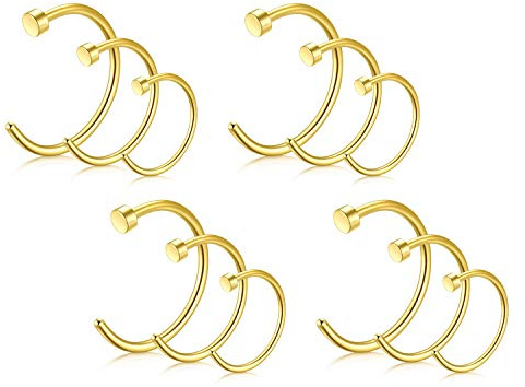 Rajnard 12er Nasenpiercing Nasenringe 18G/20G 6/8/10mm Chirurgenstahl Gold Fake Nasenring Nase Piercing Hoop Ring Schmuck Frauen Männer